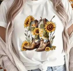 Women's Pure Floral T-Shirt- Short Sleeve, Sunflower& Boot Print Design