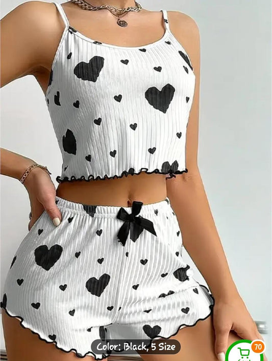 Heart print Pajama Set with Bow