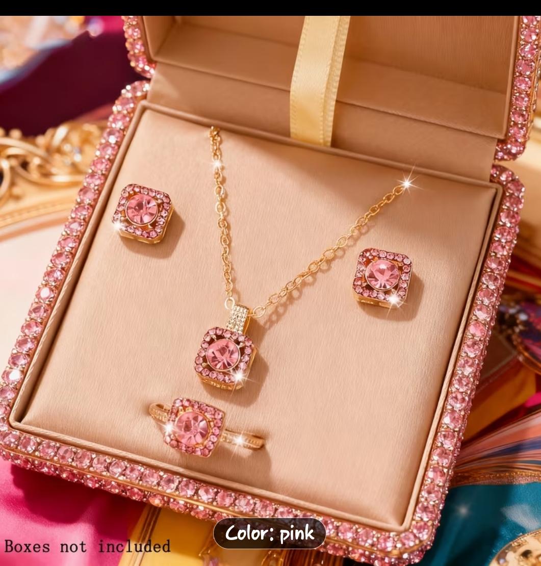 Pink Square Diamond Necklace set with earring and ring