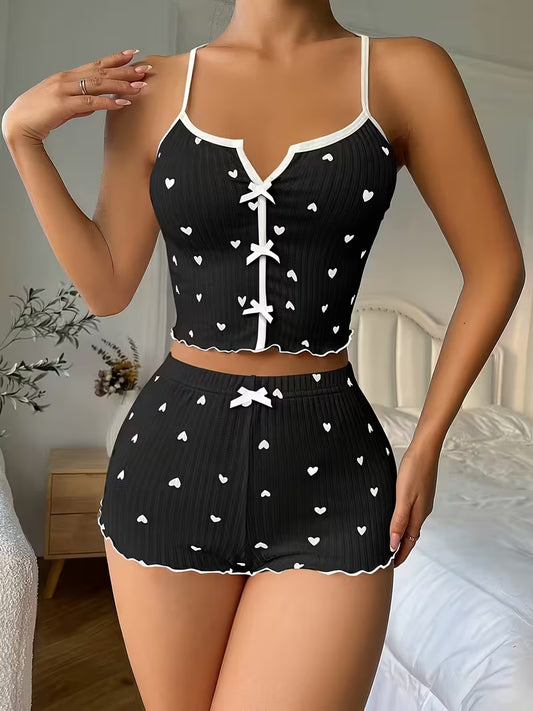 Cute Heart Print Pajama Set for Women with a Bow