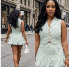 Women's Lapel Sleeveless Button Cropped Vest + High Waist Ruffle Bubble Mini Skirt Set